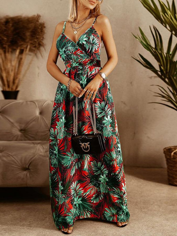 V-neck Sling Floral Bohemian Beach Dress - Maxi Dresses - INS | Online Fashion Free Shipping Clothing, Dresses, Tops, Shoes - 20-30 - 21/06/2021 - color-green