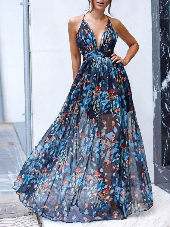 V-neck Sling Print Dress - Maxi Dresses - INS | Online Fashion Free Shipping Clothing, Dresses, Tops, Shoes - 05/06/2021 - Color_Blue - DRE2106050117