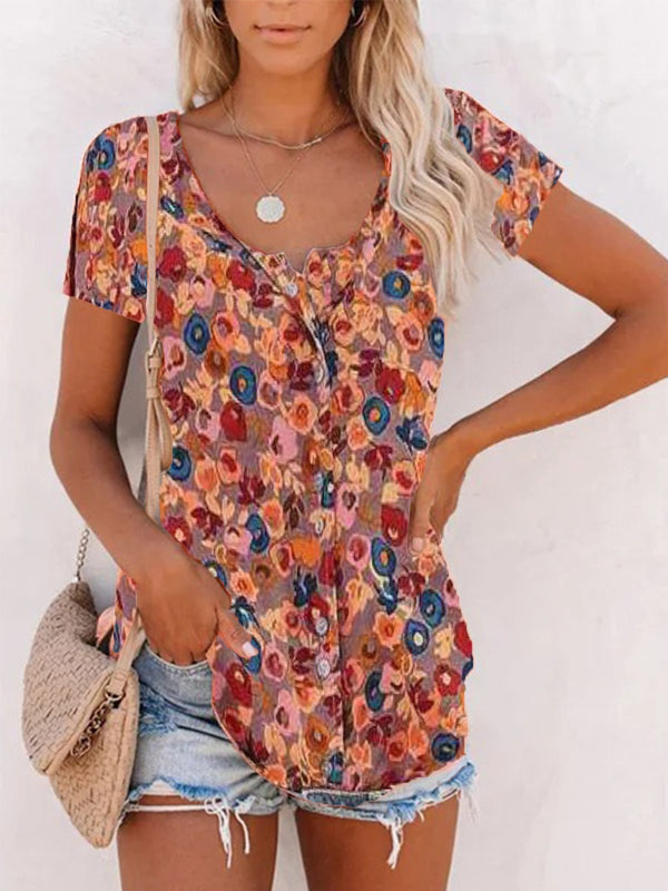 V-neck Small Floral Short Sleeve Chiffon Shirt Blouses - Blouses - INS | Online Fashion Free Shipping Clothing, Dresses, Tops, Shoes - 02/06/2021 - BLO210602309 - Category_Blouses