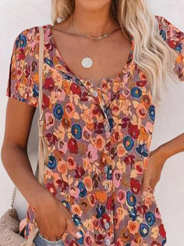 V-neck Small Floral Short Sleeve Chiffon Shirt Blouses - Blouses - INS | Online Fashion Free Shipping Clothing, Dresses, Tops, Shoes - 02/06/2021 - BLO210602309 - Category_Blouses