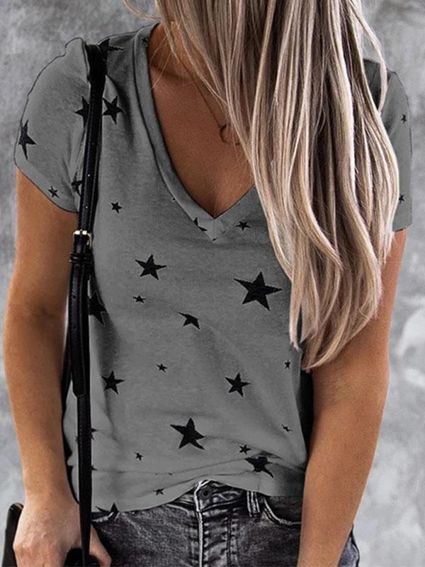 V-neck Star Print Short-sleeved T-shirt - T-shirts - INS | Online Fashion Free Shipping Clothing, Dresses, Tops, Shoes - 10-20 - 12/07/2021 - color-blue