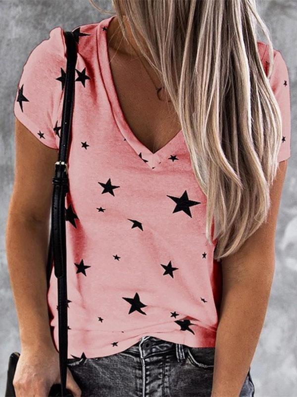 V-neck Star Print Short-sleeved T-shirt - T-shirts - INS | Online Fashion Free Shipping Clothing, Dresses, Tops, Shoes - 10-20 - 12/07/2021 - color-blue