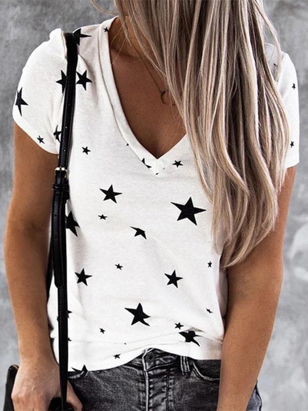 V-neck Star Print Short-sleeved T-shirt - T-shirts - INS | Online Fashion Free Shipping Clothing, Dresses, Tops, Shoes - 10-20 - 12/07/2021 - color-blue