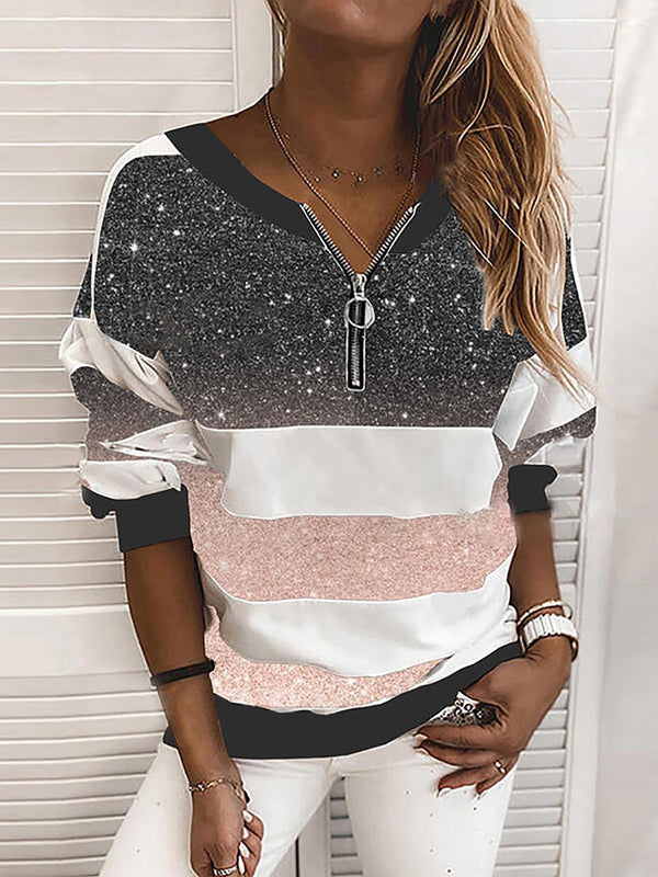 V-neck Starry Sky Print Long-sleeved Top - T-shirts - INS | Online Fashion Free Shipping Clothing, Dresses, Tops, Shoes - 20-30 - 21/06/2021 - color-black