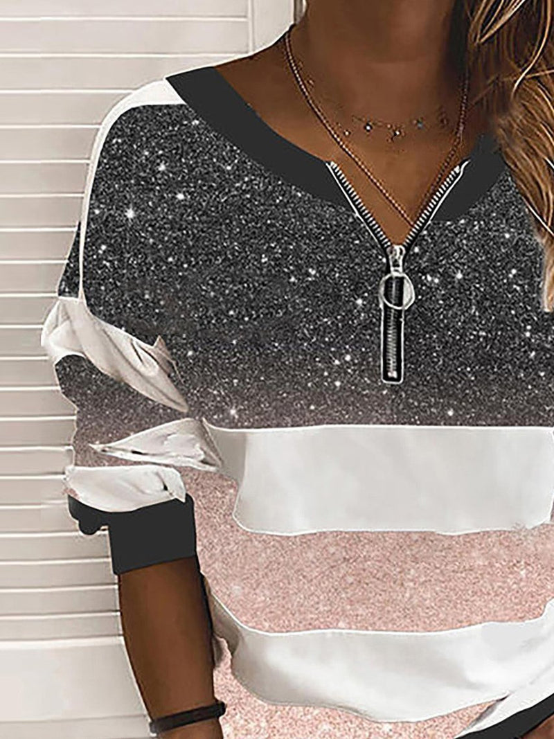 V-neck Starry Sky Print Long-sleeved Top - T-shirts - INS | Online Fashion Free Shipping Clothing, Dresses, Tops, Shoes - 20-30 - 21/06/2021 - color-black