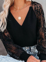 V-neck Stitching Lace Long-sleeved Top - Blouses - INS | Online Fashion Free Shipping Clothing, Dresses, Tops, Shoes - 12/07/2021 - 20-30 - Blouses