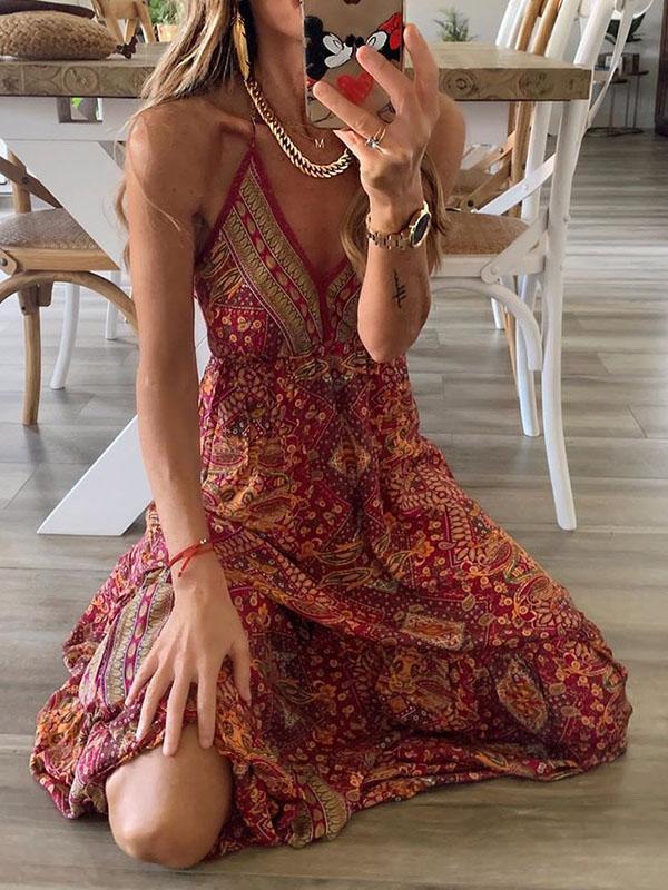 V-neck Strap Bohemian Holiday Print Dress - Maxi Dresses - INS | Online Fashion Free Shipping Clothing, Dresses, Tops, Shoes - 15/07/2021 - 30-40 - Category_Maxi Dresses