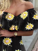 V-Neck Sunflower Print Off The Shoulder Ruffle Dress - Mini Dresses - INS | Online Fashion Free Shipping Clothing, Dresses, Tops, Shoes - 17/06/2021 - 30-40 - Category_Mini Dresses