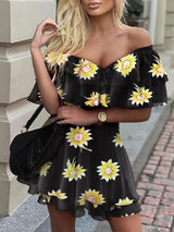 V-Neck Sunflower Print Off The Shoulder Ruffle Dress - Mini Dresses - INS | Online Fashion Free Shipping Clothing, Dresses, Tops, Shoes - 17/06/2021 - 30-40 - Category_Mini Dresses