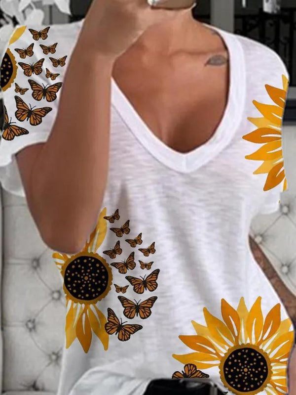 V-Neck Sunflower Print Short Sleeve T-Shirt - T-Shirts - INS | Online Fashion Free Shipping Clothing, Dresses, Tops, Shoes - 10-20 - 19/06/2021 - color-gray