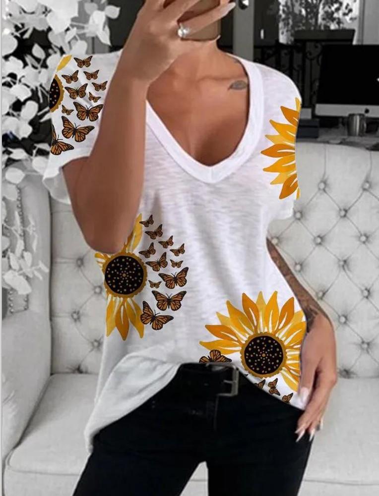 V-Neck Sunflower Print Short Sleeve T-Shirt - T-Shirts - INS | Online Fashion Free Shipping Clothing, Dresses, Tops, Shoes - 10-20 - 19/06/2021 - color-gray