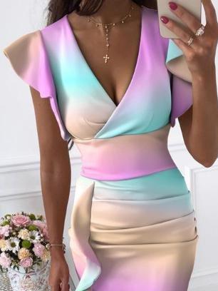 V-Neck Tie-Dye Print Ruffled Midi Dress - Midi Dresses - INS | Online Fashion Free Shipping Clothing, Dresses, Tops, Shoes - 20-30 - 25/06/2021 - Category_Mini Dresses