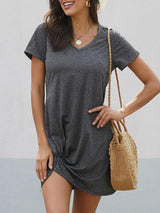 V-neck Twist Hem Tee Dress - Dresses - INS | Online Fashion Free Shipping Clothing, Dresses, Tops, Shoes - 01/28/2021 - Casual Dresses - Color_Gray