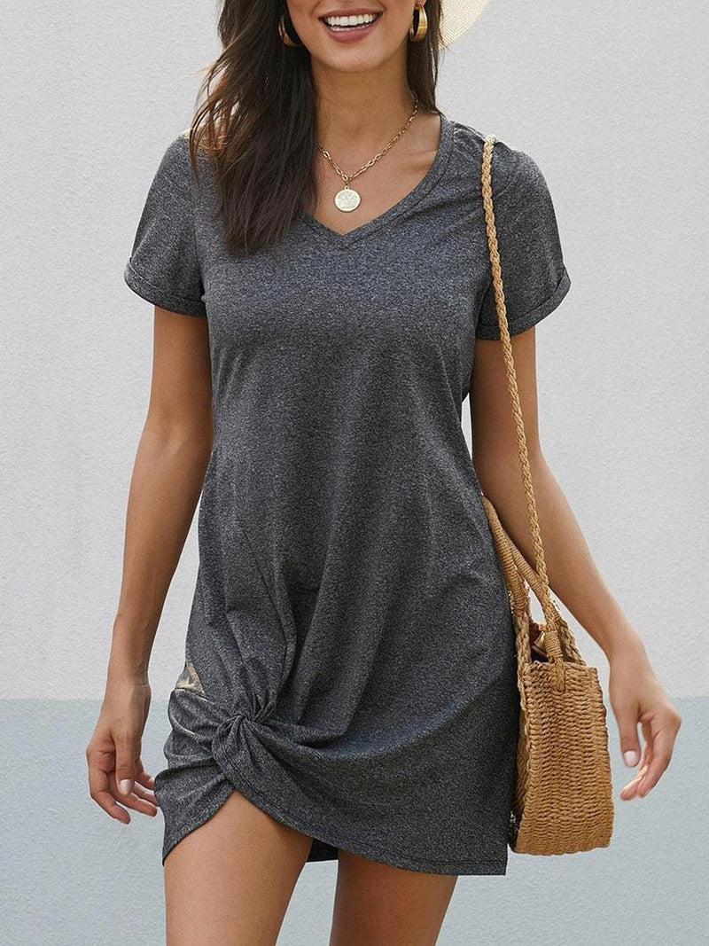 V-neck Twist Hem Tee Dress - Dresses - INS | Online Fashion Free Shipping Clothing, Dresses, Tops, Shoes - 01/28/2021 - Casual Dresses - Color_Gray