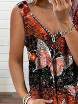 V-neck Zipper Butterfly Print Loose Tank Top - Tank Tops - INS | Online Fashion Free Shipping Clothing, Dresses, Tops, Shoes - 09/06/2021 - Color_Blue - Color_Orange