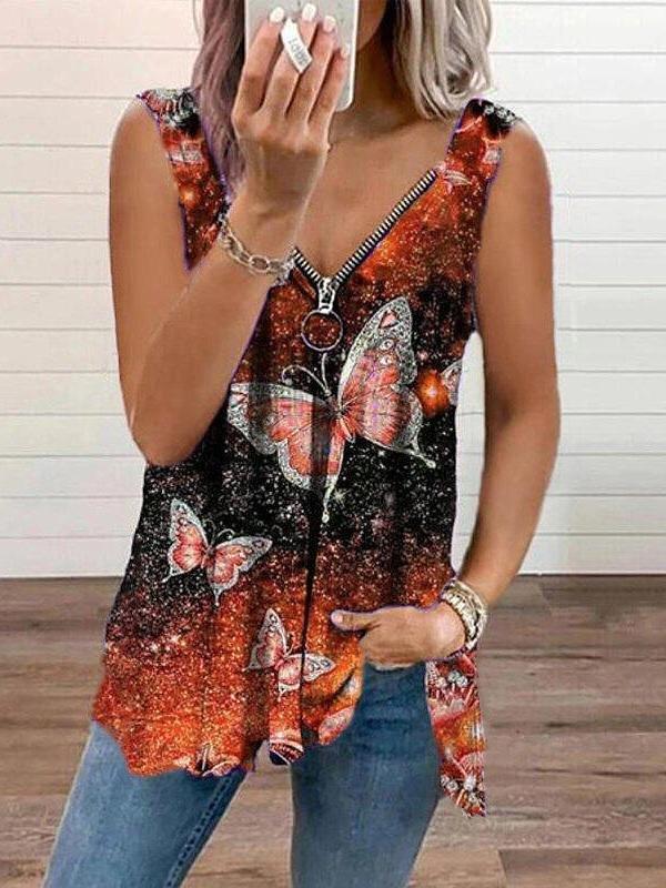 V-neck Zipper Butterfly Print Loose Tank Top - Tank Tops - INS | Online Fashion Free Shipping Clothing, Dresses, Tops, Shoes - 09/06/2021 - Color_Blue - Color_Orange