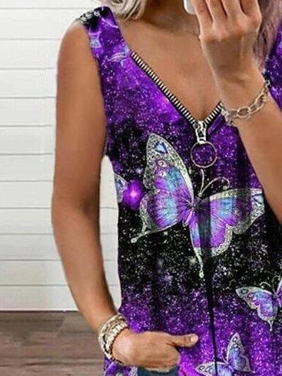 V-neck Zipper Butterfly Print Loose Tank Top - Tank Tops - INS | Online Fashion Free Shipping Clothing, Dresses, Tops, Shoes - 09/06/2021 - Color_Blue - Color_Orange