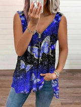 V-neck Zipper Butterfly Print Loose Tank Top - Tank Tops - INS | Online Fashion Free Shipping Clothing, Dresses, Tops, Shoes - 09/06/2021 - Color_Blue - Color_Orange