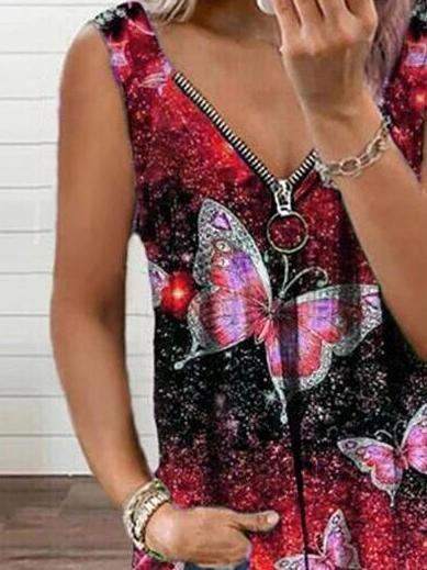 V-neck Zipper Butterfly Print Loose Tank Top - Tank Tops - INS | Online Fashion Free Shipping Clothing, Dresses, Tops, Shoes - 09/06/2021 - Color_Blue - Color_Orange