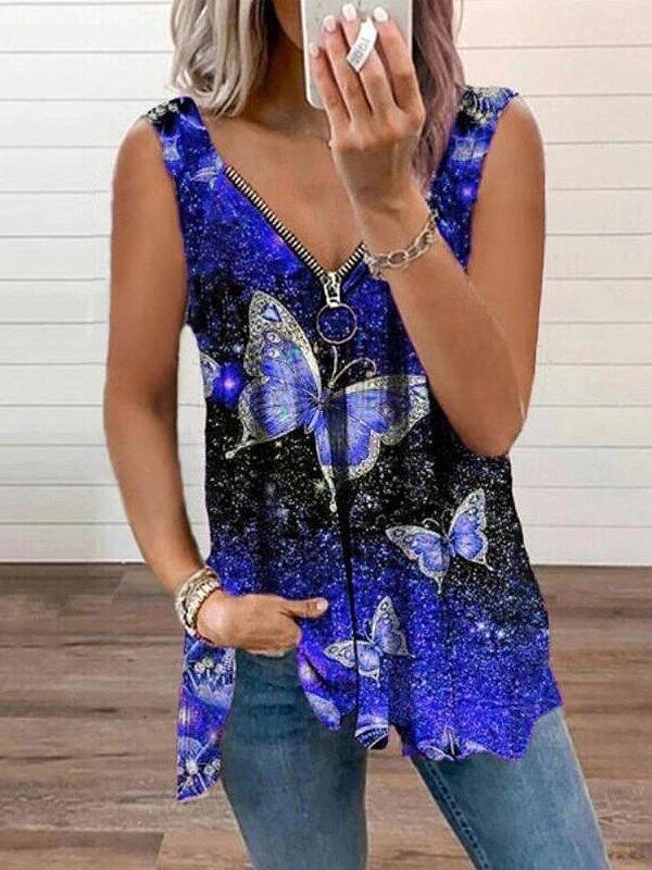 V-neck Zipper Butterfly Print Loose Tank Top - Tank Tops - INS | Online Fashion Free Shipping Clothing, Dresses, Tops, Shoes - 09/06/2021 - Color_Blue - Color_Orange