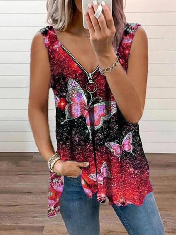 V-neck Zipper Butterfly Print Loose Tank Top - Tank Tops - INS | Online Fashion Free Shipping Clothing, Dresses, Tops, Shoes - 09/06/2021 - Color_Blue - Color_Orange