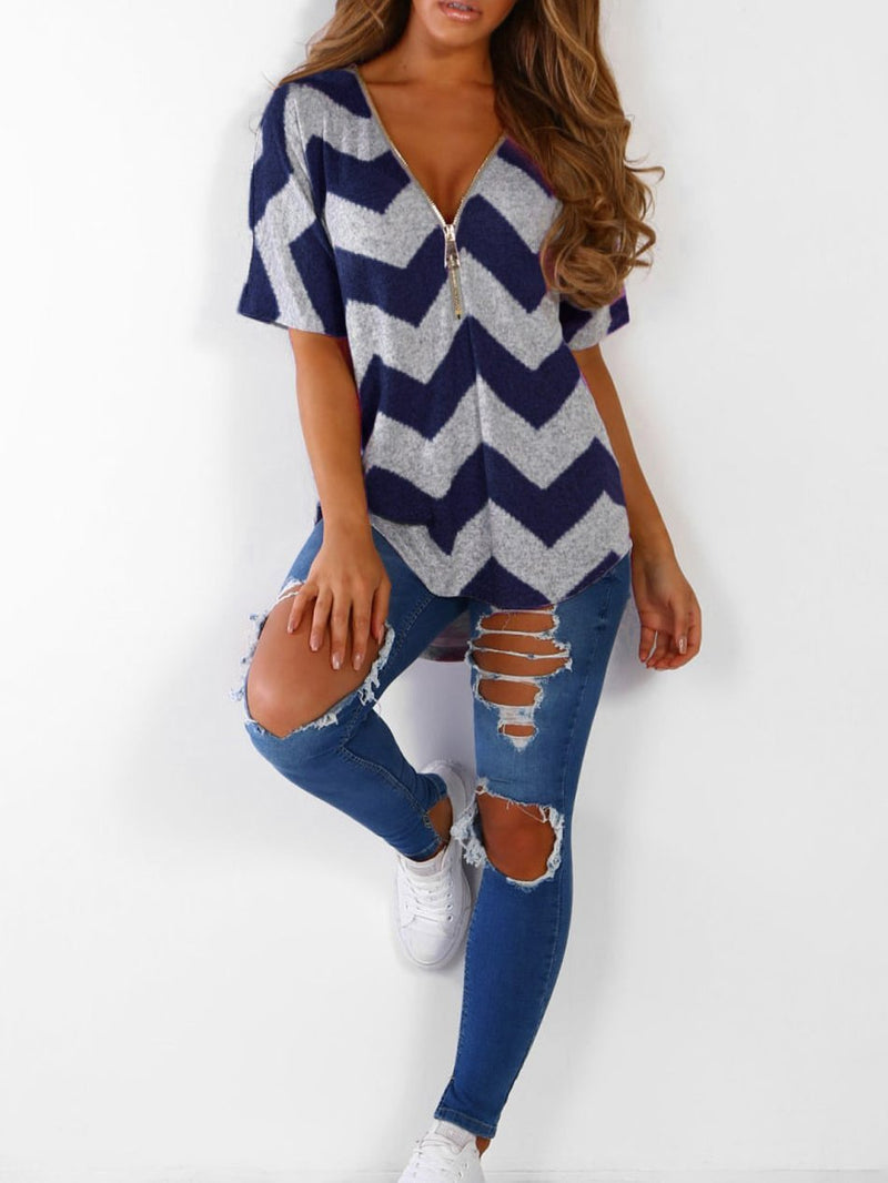 V-neck Zipper Chevron Print T-shirts - T-shirts - INS | Online Fashion Free Shipping Clothing, Dresses, Tops, Shoes - 06/07/2021 - 10-20 - color-black