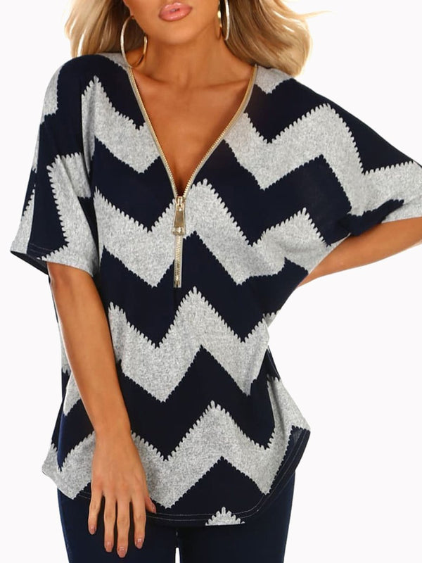 V-neck Zipper Chevron Print T-shirts - T-shirts - INS | Online Fashion Free Shipping Clothing, Dresses, Tops, Shoes - 06/07/2021 - 10-20 - color-black