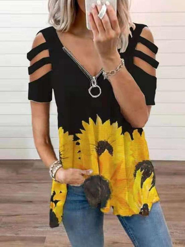 V-neck Zipper Cutout Short Sleeve Sunflower T-shirt - T-Shirts - INS | Online Fashion Free Shipping Clothing, Dresses, Tops, Shoes - 03/06/2021 - Category_T-Shirts - Color_Black