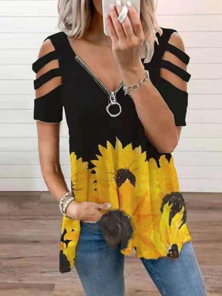 V-neck Zipper Cutout Short Sleeve Sunflower T-shirt - T-Shirts - INS | Online Fashion Free Shipping Clothing, Dresses, Tops, Shoes - 03/06/2021 - Category_T-Shirts - Color_Black