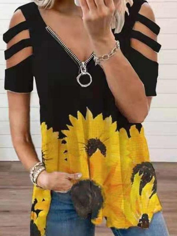 V-neck Zipper Cutout Short Sleeve Sunflower T-shirt - T-Shirts - INS | Online Fashion Free Shipping Clothing, Dresses, Tops, Shoes - 03/06/2021 - Category_T-Shirts - Color_Black