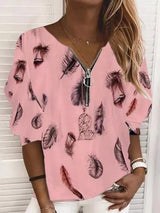 V-Neck Zipper Feather Print Long Sleeves Blouses - Blouses - INS | Online Fashion Free Shipping Clothing, Dresses, Tops, Shoes - 20-30 - 20/07/2021 - BLO2107201215