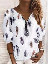 V-Neck Zipper Feather Print Long Sleeves Blouses - Blouses - INS | Online Fashion Free Shipping Clothing, Dresses, Tops, Shoes - 20-30 - 20/07/2021 - BLO2107201215