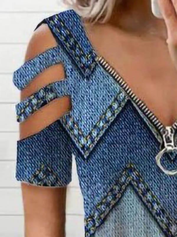 V-neck Zipper Geometric Print T-shirt - T-shirts - INS | Online Fashion Free Shipping Clothing, Dresses, Tops, Shoes - 03/06/2021 - Color_Blue - LXQ