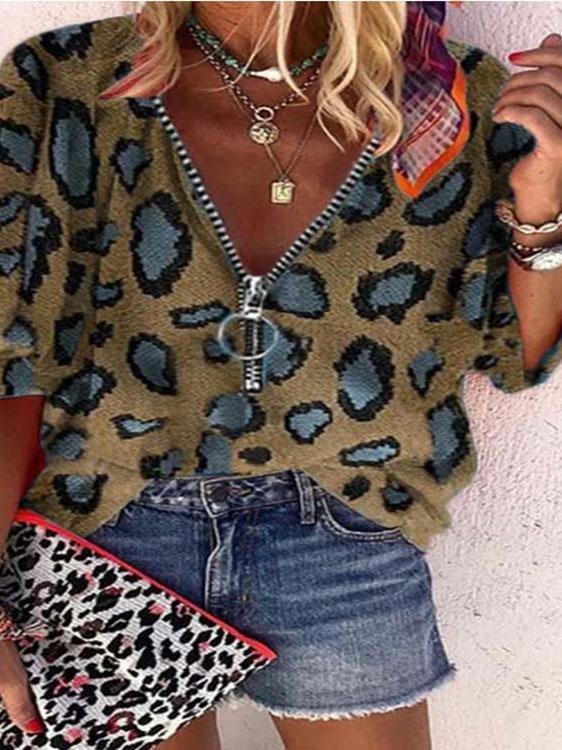 V-neck Zipper Leopard Print Casual Blouses - Blouses - INS | Online Fashion Free Shipping Clothing, Dresses, Tops, Shoes - 04/06/2021 - BLO2106050011 - Category_Blouses