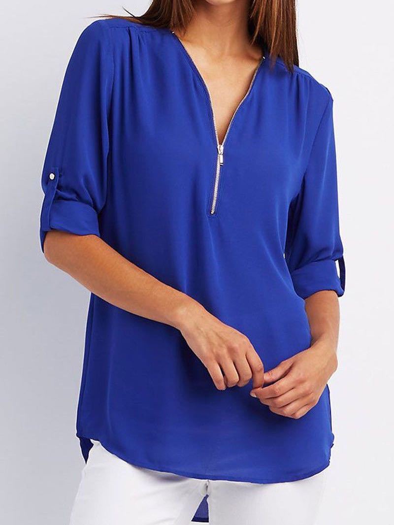 V Neck Zipper Patchwork Plain Blouse - Blouses - INS | Online Fashion Free Shipping Clothing, Dresses, Tops, Shoes - 13/03/2021 - 2XL - 3XL