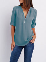 V Neck Zipper Patchwork Plain Blouse - Blouses - INS | Online Fashion Free Shipping Clothing, Dresses, Tops, Shoes - 13/03/2021 - 2XL - 3XL