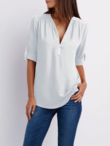 V Neck Zipper Patchwork Plain Blouse - Blouses - INS | Online Fashion Free Shipping Clothing, Dresses, Tops, Shoes - 13/03/2021 - 2XL - 3XL