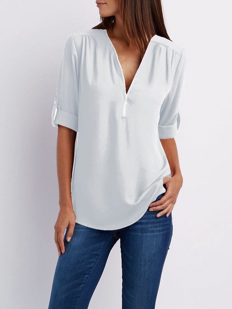 V Neck Zipper Patchwork Plain Blouse - Blouses - INS | Online Fashion Free Shipping Clothing, Dresses, Tops, Shoes - 13/03/2021 - 2XL - 3XL