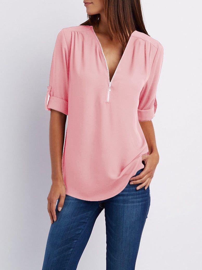 V Neck Zipper Patchwork Plain Blouse - Blouses - INS | Online Fashion Free Shipping Clothing, Dresses, Tops, Shoes - 13/03/2021 - 2XL - 3XL