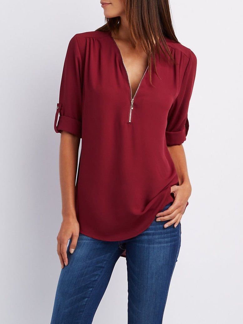 V Neck Zipper Patchwork Plain Blouse - Blouses - INS | Online Fashion Free Shipping Clothing, Dresses, Tops, Shoes - 13/03/2021 - 2XL - 3XL