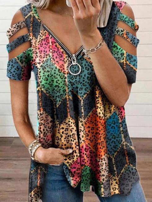 V-neck Zipper Printed Short Sleeve Loose T-shirt - T-Shirts - INS | Online Fashion Free Shipping Clothing, Dresses, Tops, Shoes - 07/06/2021 - Category_T-Shirts - Color_Multicolor