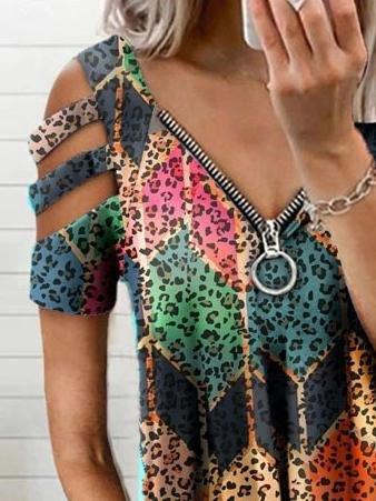 V-neck Zipper Printed Short Sleeve Loose T-shirt - T-Shirts - INS | Online Fashion Free Shipping Clothing, Dresses, Tops, Shoes - 07/06/2021 - Category_T-Shirts - Color_Multicolor