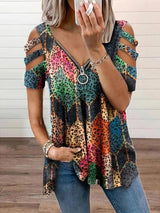 V-neck Zipper Printed Short Sleeve Loose T-shirt - T-Shirts - INS | Online Fashion Free Shipping Clothing, Dresses, Tops, Shoes - 07/06/2021 - Category_T-Shirts - Color_Multicolor