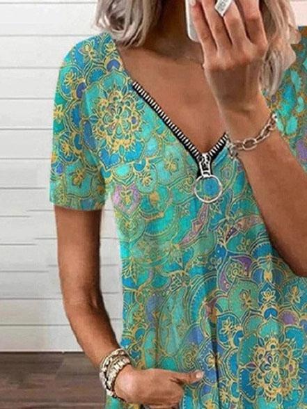 V-neck Zipper Pullover Print Short-sleeved Loose Top - T-shirts - INS | Online Fashion Free Shipping Clothing, Dresses, Tops, Shoes - 08/06/2021 - Color_Black - Color_Blue