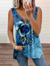 V-neck Zipper Rose Flower Print Casual Vest - Tank Tops - INS | Online Fashion Free Shipping Clothing, Dresses, Tops, Shoes - 09/06/2021 - Color_Blue - Color_Khaki