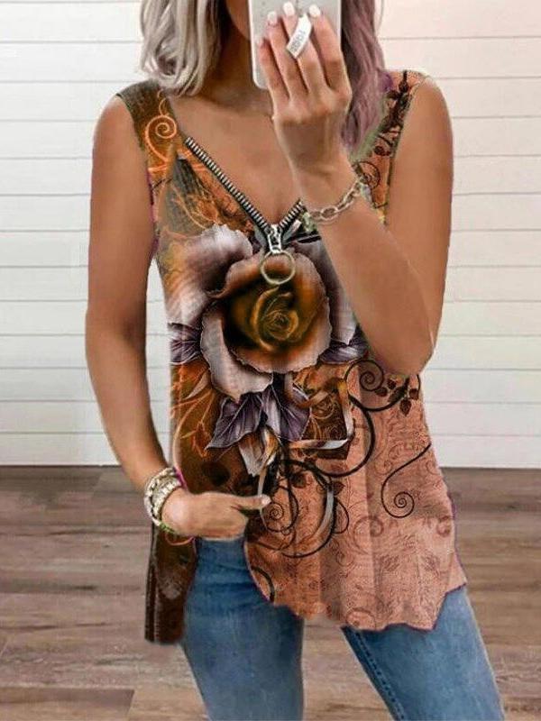 V-neck Zipper Rose Flower Print Casual Vest - Tank Tops - INS | Online Fashion Free Shipping Clothing, Dresses, Tops, Shoes - 09/06/2021 - Color_Blue - Color_Khaki