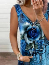 V-neck Zipper Rose Flower Print Casual Vest - Tank Tops - INS | Online Fashion Free Shipping Clothing, Dresses, Tops, Shoes - 09/06/2021 - Color_Blue - Color_Khaki