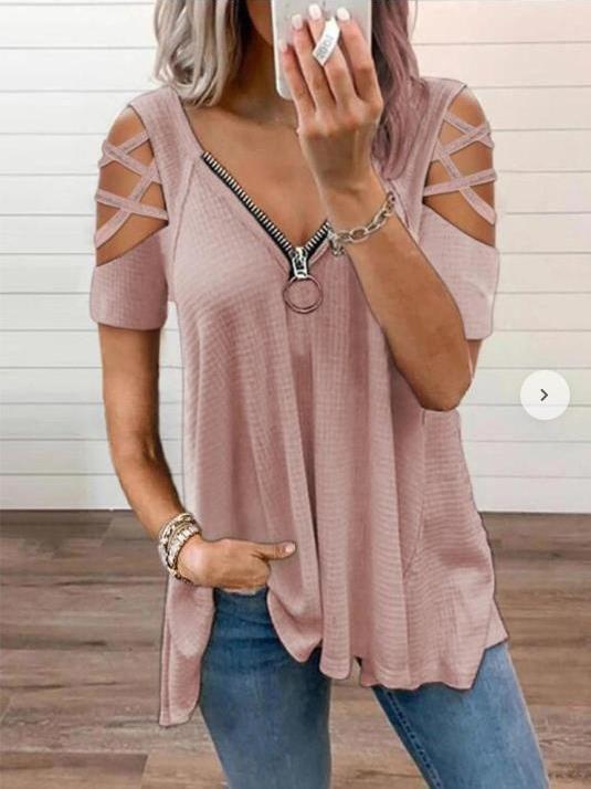 V-Neck Zipper Short Sleeve Solid T-Shirt - T-Shirts - INS | Online Fashion Free Shipping Clothing, Dresses, Tops, Shoes - 15/06/2021 - Category_T-Shirts - Color_Gray