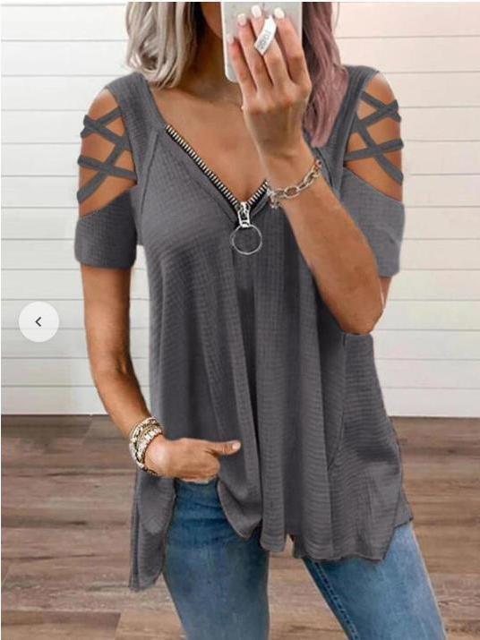 V-Neck Zipper Short Sleeve Solid T-Shirt - T-Shirts - INS | Online Fashion Free Shipping Clothing, Dresses, Tops, Shoes - 15/06/2021 - Category_T-Shirts - Color_Gray