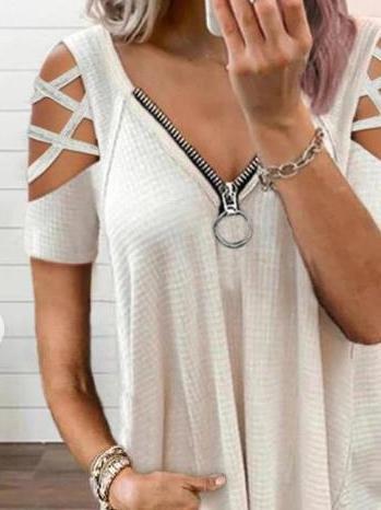 V-Neck Zipper Short Sleeve Solid T-Shirt - T-Shirts - INS | Online Fashion Free Shipping Clothing, Dresses, Tops, Shoes - 15/06/2021 - Category_T-Shirts - Color_Gray